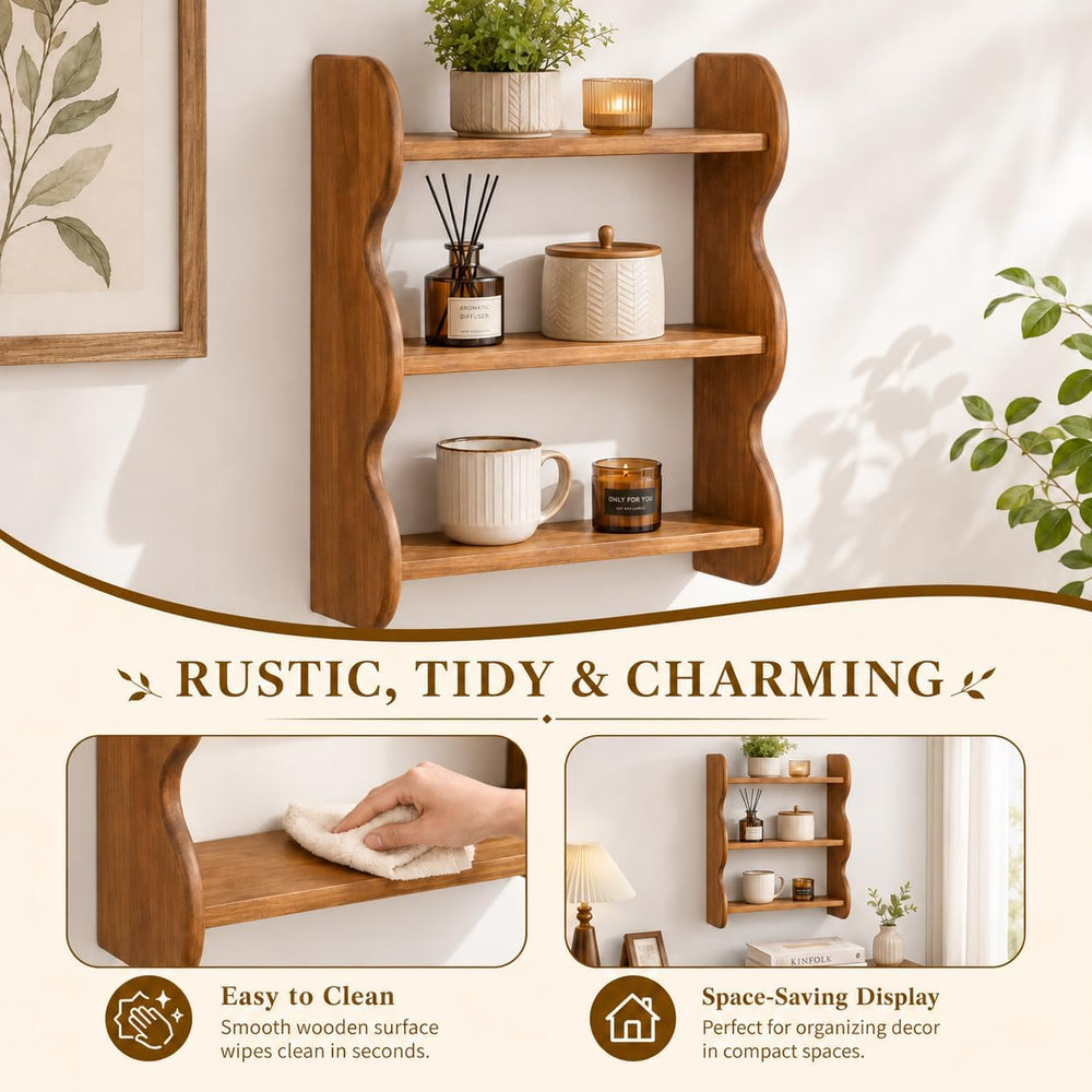 Solid Wood Floating Shelves for Wall, 3 Tier Rustic Vintage Wall Mounted Shel...