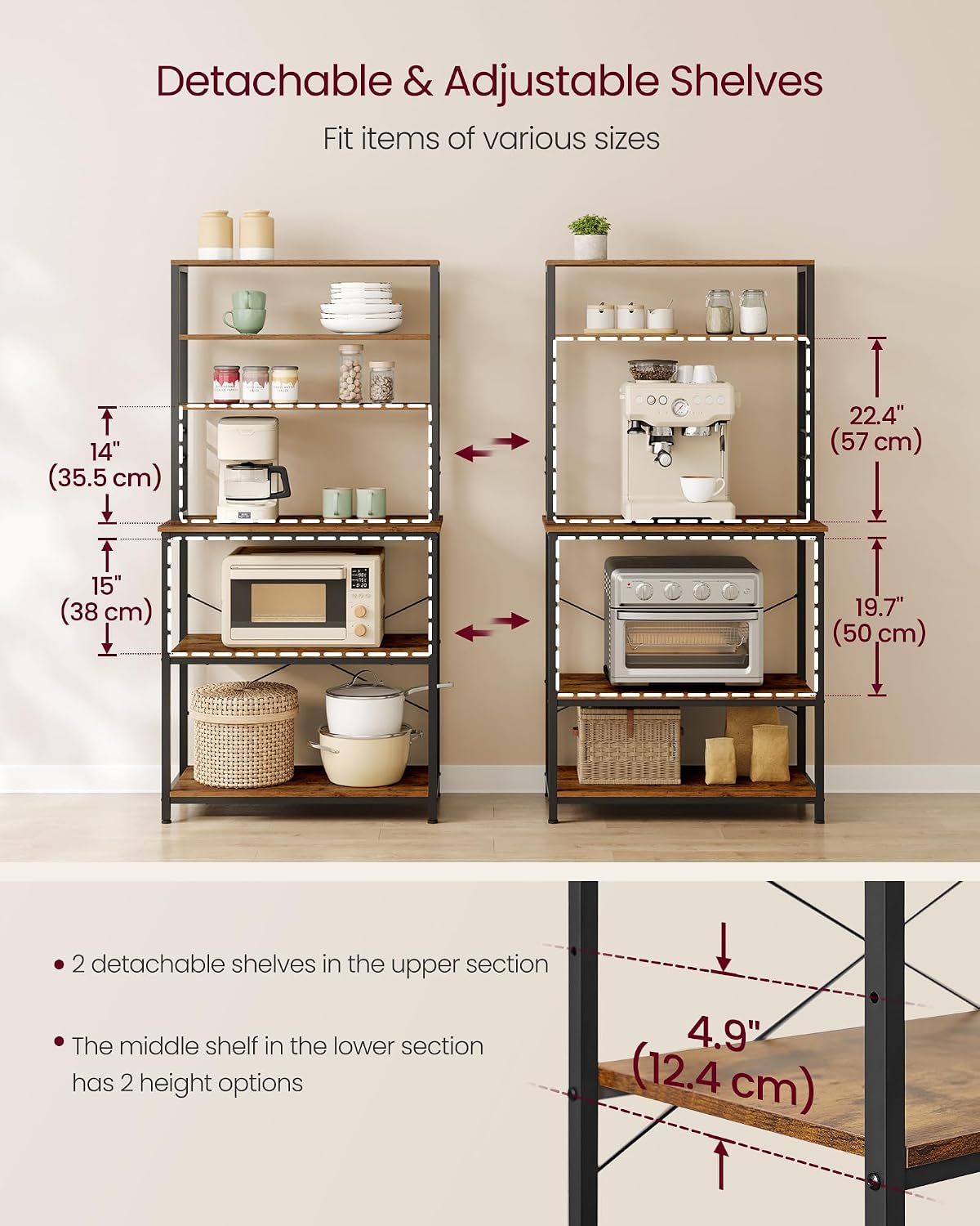 VASAGLE Coffee Bar, 31.5 Inches Baker's Rack for Kitchen with Storage, 6-Tier Kitchen Shelves with 6 Hooks, Microwave Stand, Industrial, Rustic Brown and Ink Black UKKS019B01