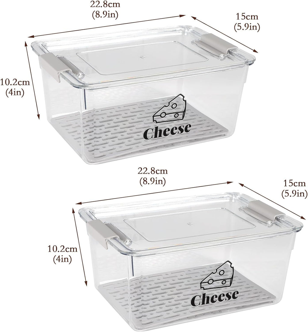 Cheese Container Airtight with Draining Basket Cream Cheese Sliced Cheeses Box with Lid Saver for Fridge Cheeses Keeper Cream Block Shredded Storage Box Saver (Clear - 2 Pack)