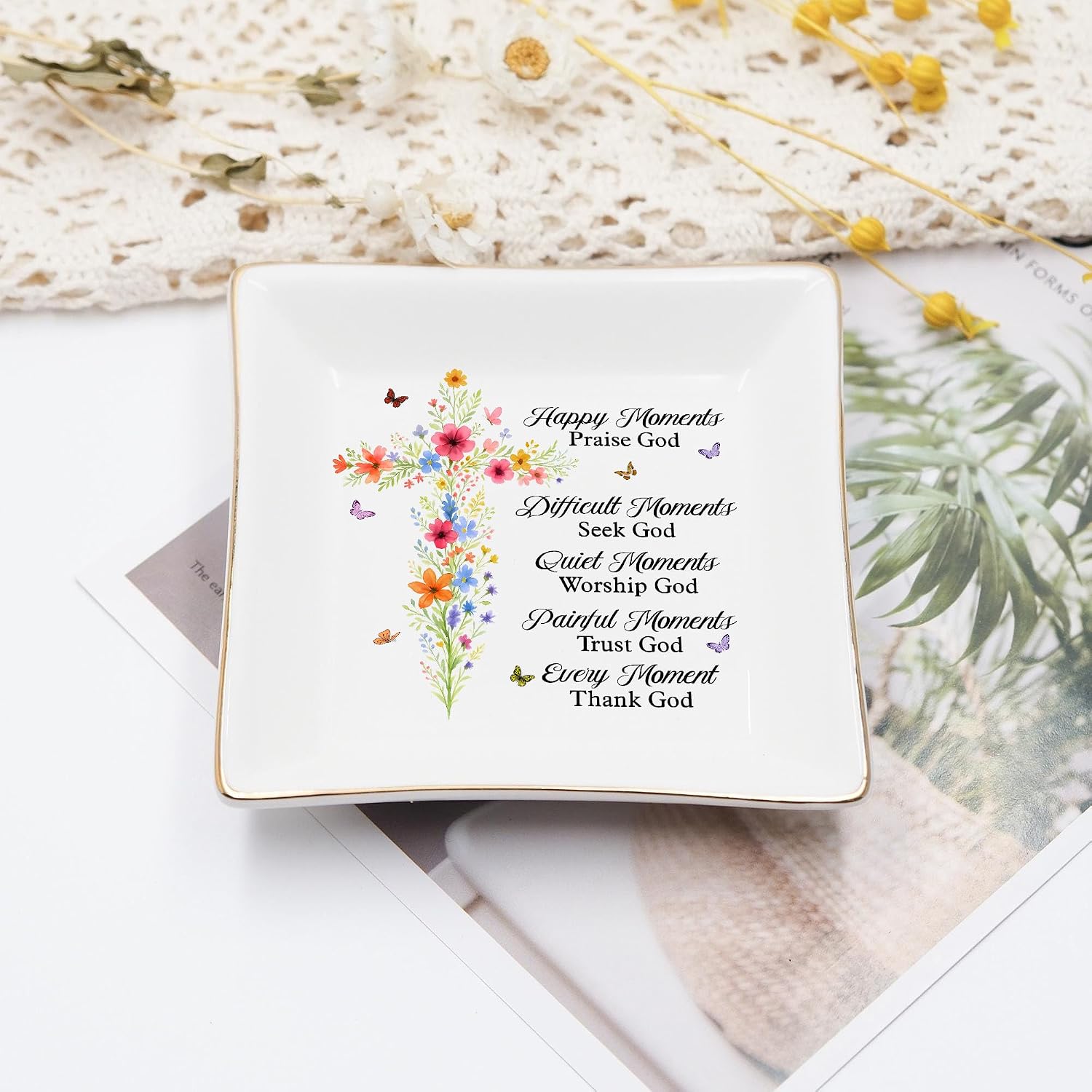 Christian Gifts for Women, Faith Inspirational Gifts - Floral Cross 4" Jewelry Dish, Religious Gift for Mom, Sister, Daughter, Friends - Catholic Bible Verse, Communion, Confirmation Gift for Her