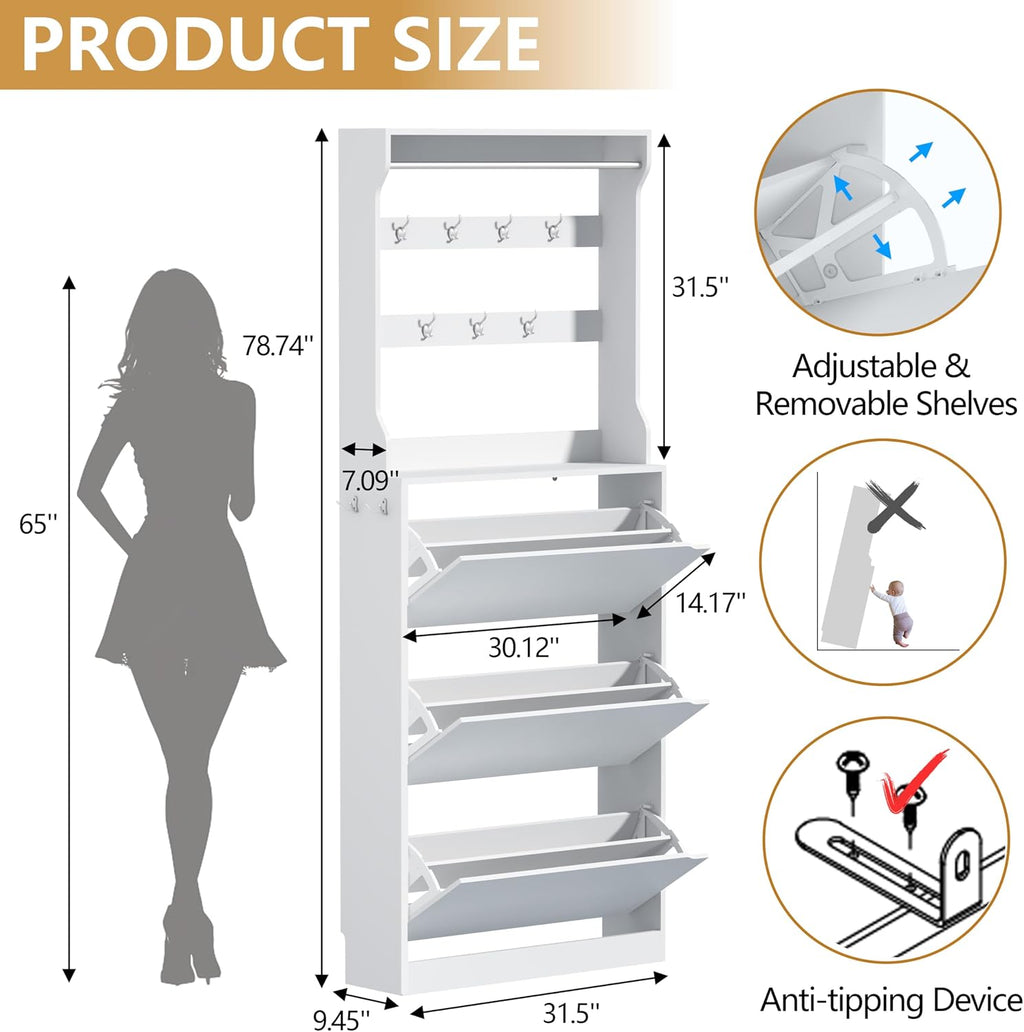 Tall Shoe Cabinet with Coat Rack, Hidden Shoe Storage Cabinet with Doors & Drawer, Hanging Bar & Hooks, Slim Narrow Freestanding Shoe Rack Organizer for Entryway, Hallway & Living Room, White