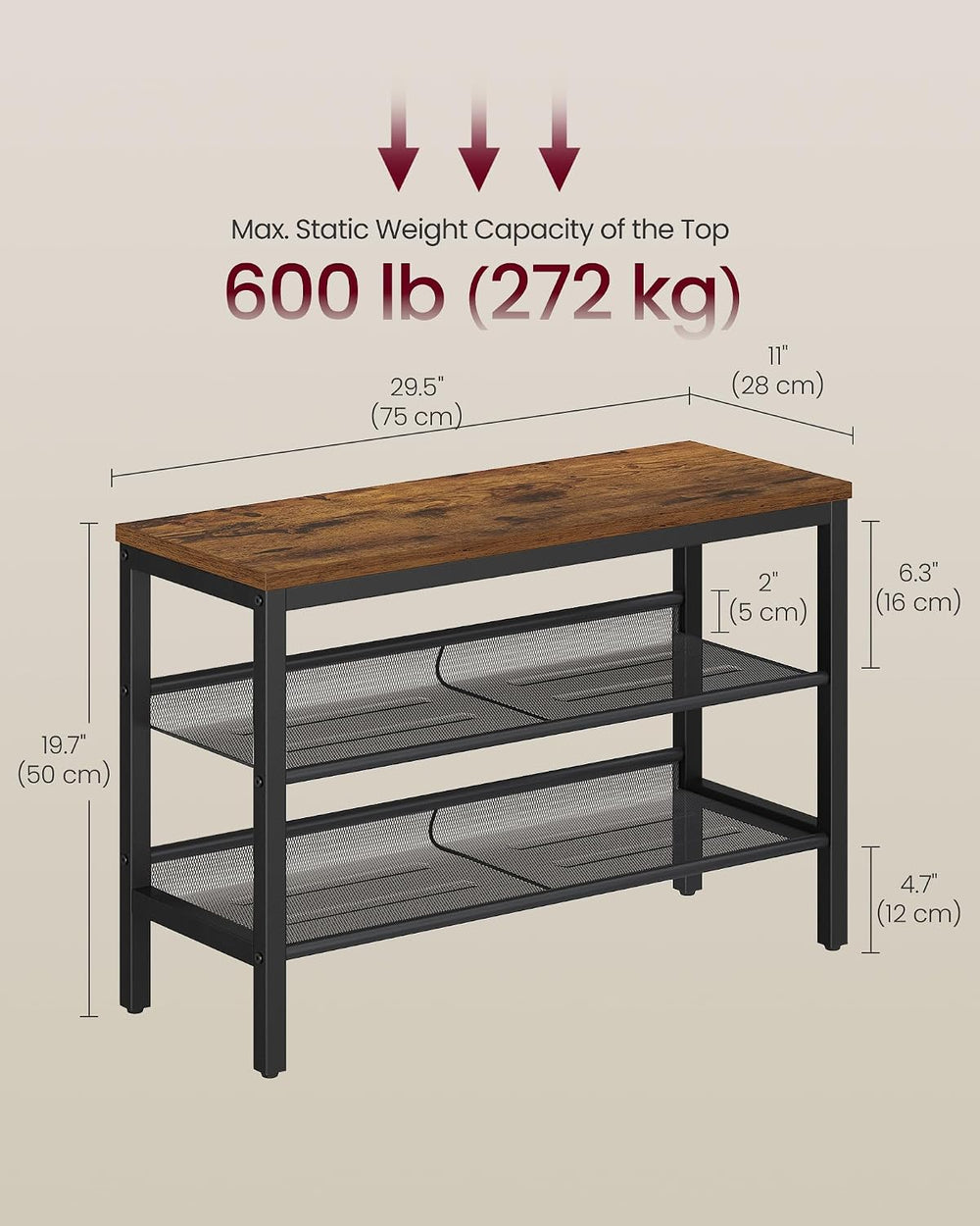 VASAGLE 3 Tier Shoe Rack Bench, One Piece Shelves, Industrial Style | Shoe St...