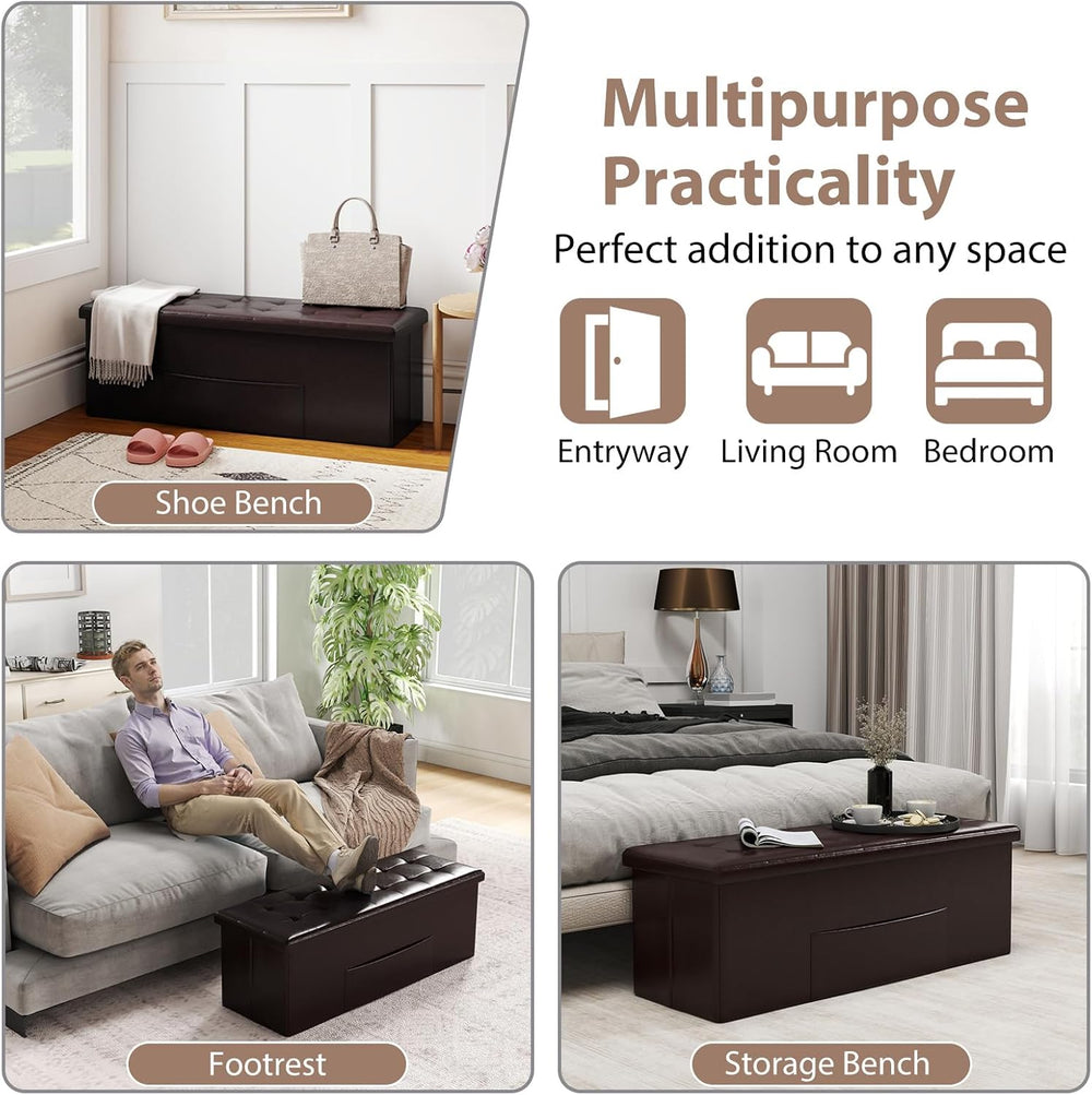 Giantex 43 Inches Folding Storage Ottoman Bench, Upholstered PU Leather Stora...