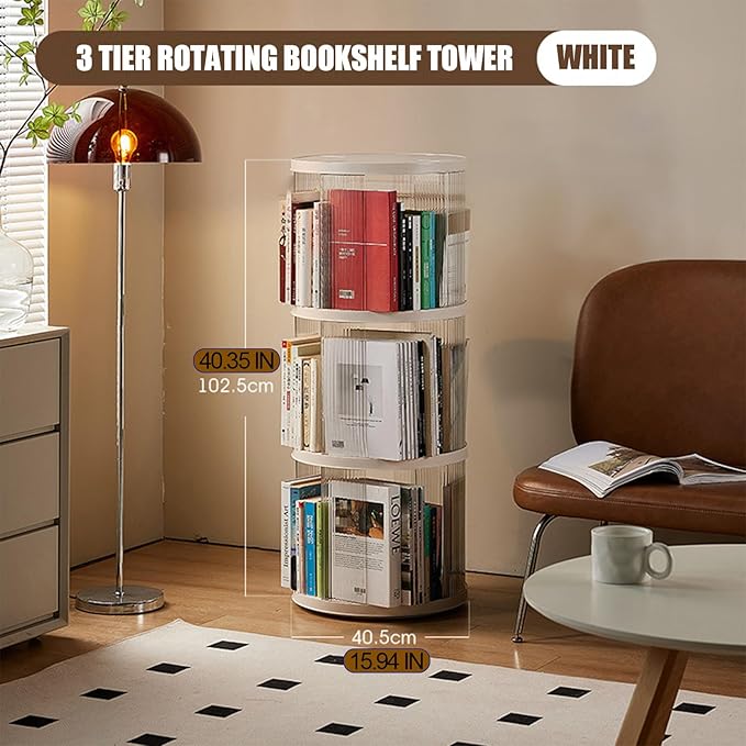 3 Tier Rotating Bookshelf Spinning Bookshelf Tower Swivel Bookcase Round Book Shelf for Small Space Revolving Bookcase for Playroom Bedroom Living Room
