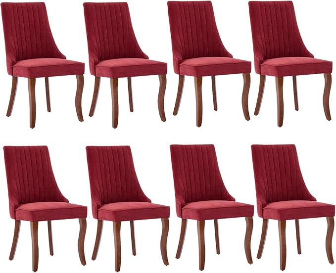 Linen Dining Chairs Set of 8，Fabric Channel Tufted Kitchen Chairs, Upholstered Accent Chairs with Curved Solid Wood Legs, Comfortable Dining Chair for Dining Room, (Burgundy, 8pc)