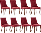 Linen Dining Chairs Set of 8，Fabric Channel Tufted Kitchen Chairs, Upholstered Accent Chairs with Curved Solid Wood Legs, Comfortable Dining Chair for Dining Room, (Burgundy, 8pc)