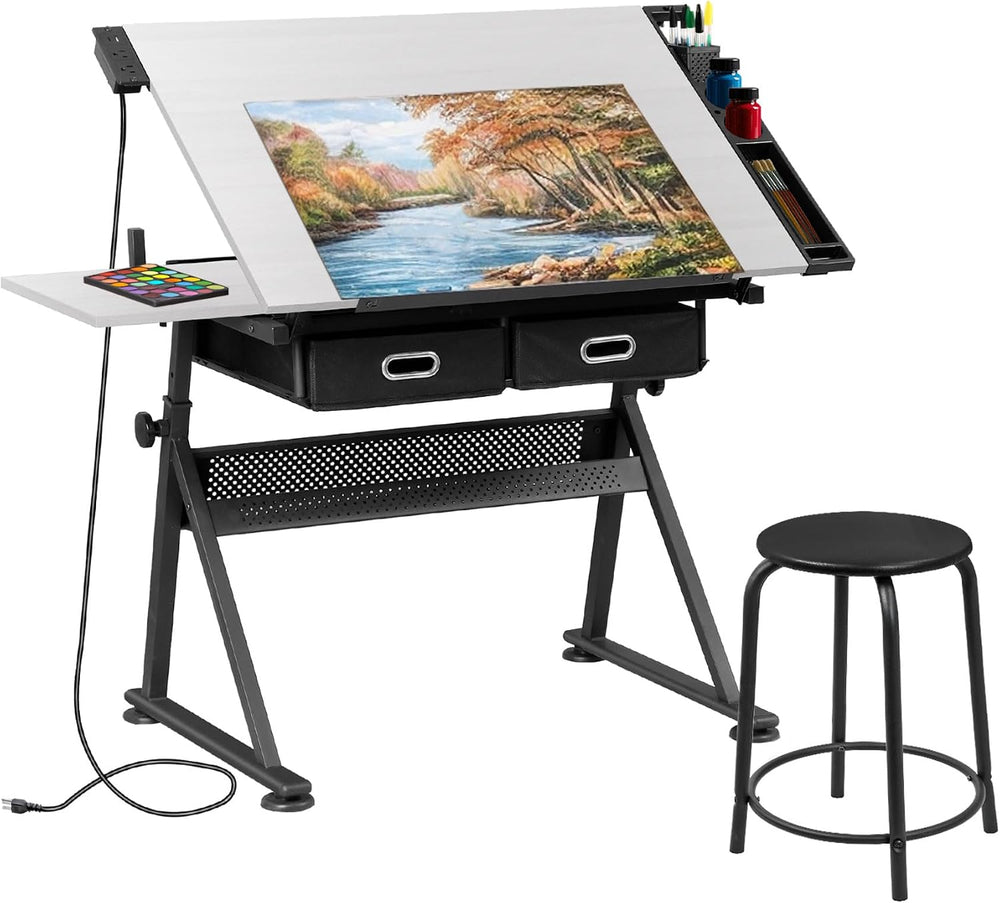 SUPER DEAL Adjustable Drafting Table Set with Charging Station, Tilting Drawi...