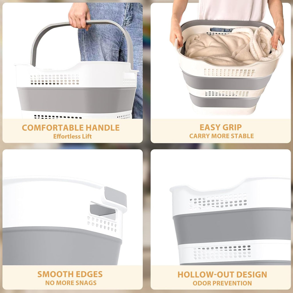 43L+43L Collapsible Laundry Baskets plastic, Pop Up Laundry hamper/Storage Container, Foldable Laundry Basket with Handles, Durable,Space Saver (Grey, 2 Packs)