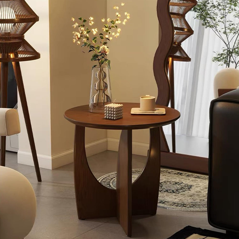 YUNMUAIR-Solid Wood Side Table Round End Table in Walnut Finish Wood Tabletop...