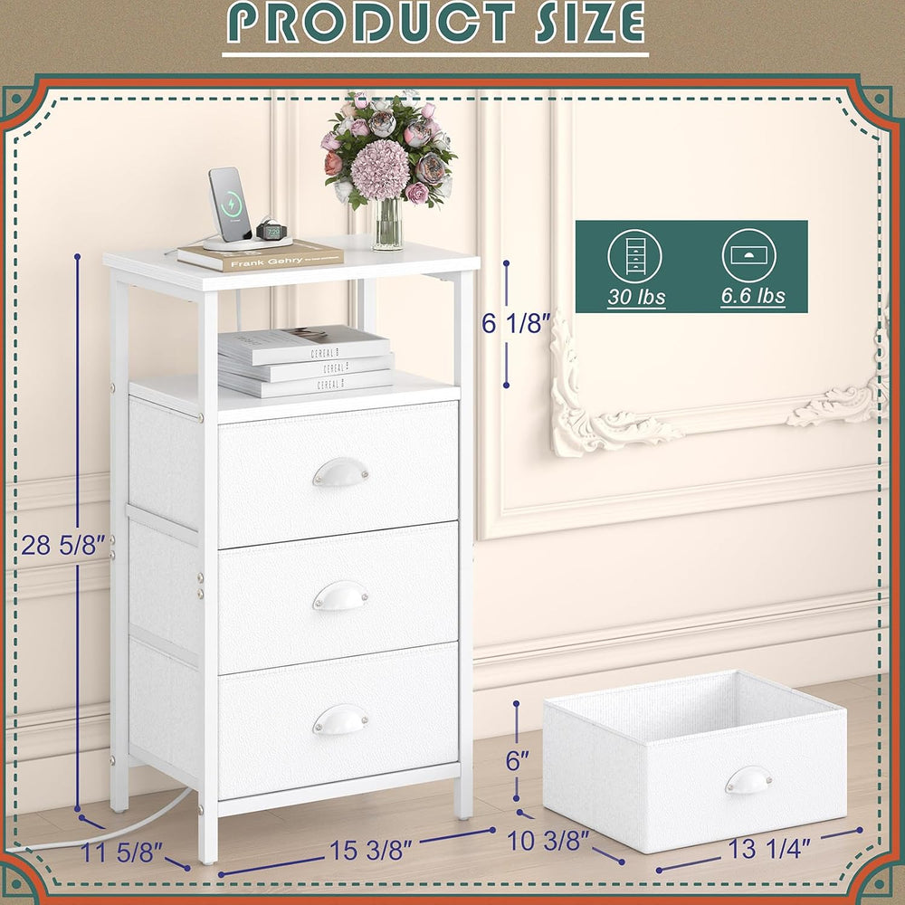 sthmec Nightstand with Charging Station,LED White Nightstand with 3 Fabric Dr...