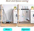 2 Pack Black Mop Broom Holder Wall Mount - Wood Broom Mop Hanger - Wall Mounted Garden Tool Rack Organizer for Closet Garage Laundry Room, 4 Slots & 4 Hooks