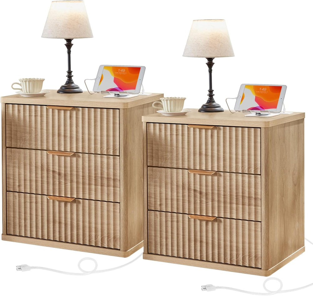 LEYAOYAO 23" Wide Fluted Farmhouse Night Stand Set of 2 with Charging St...