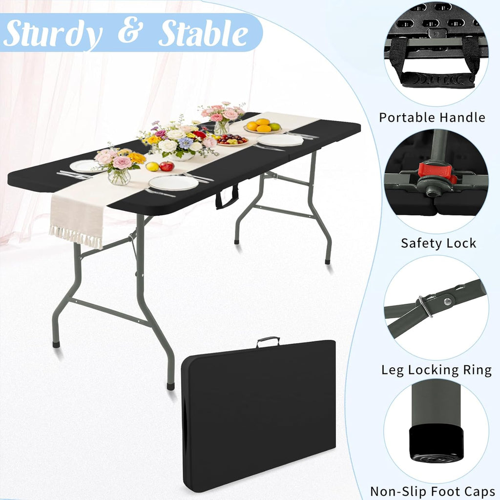 Fivenl 2 Pack 6 Feet Portable Folding Table Black, Steel Legs Fold-in-Half with Carrying Handle Rectangular Plastic Foldable Table for Party, Wedding, Camping, Picnic, Dining, Indoor Outdoor Events