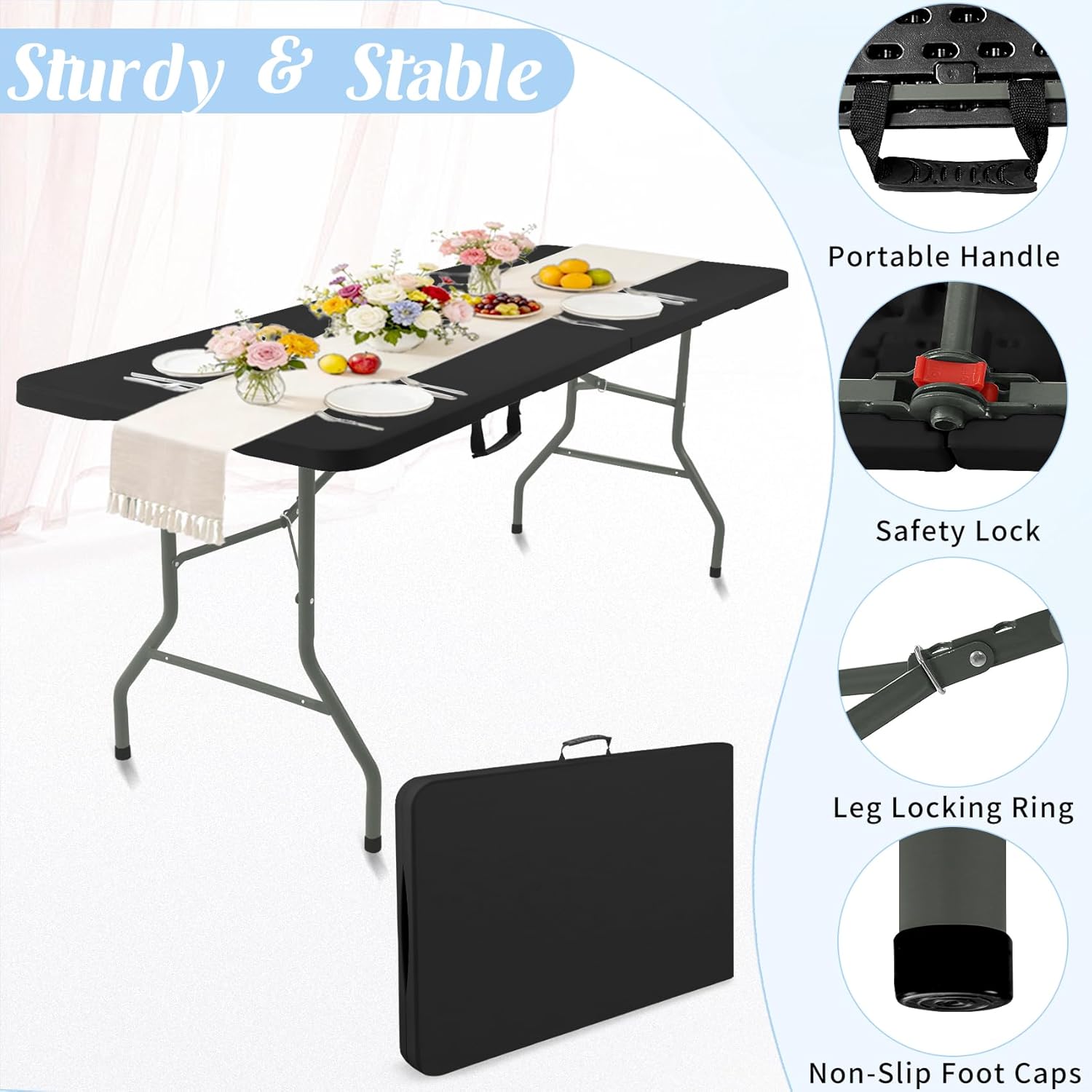 Fivenl 2 Pack 6 Feet Portable Folding Table Black, Steel Legs Fold-in-Half with Carrying Handle Rectangular Plastic Foldable Table for Party, Wedding, Camping, Picnic, Dining, Indoor Outdoor Events