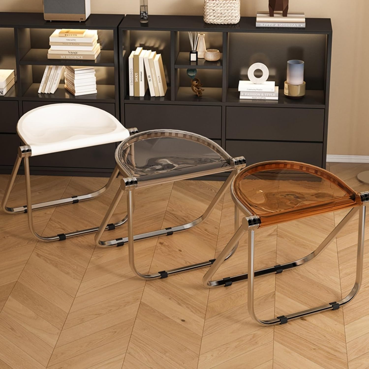 Acrylic Folding Chair, Portable Light Commercial Folding, PC Plastic Living Room Seat, Metal Frame,(Brown)