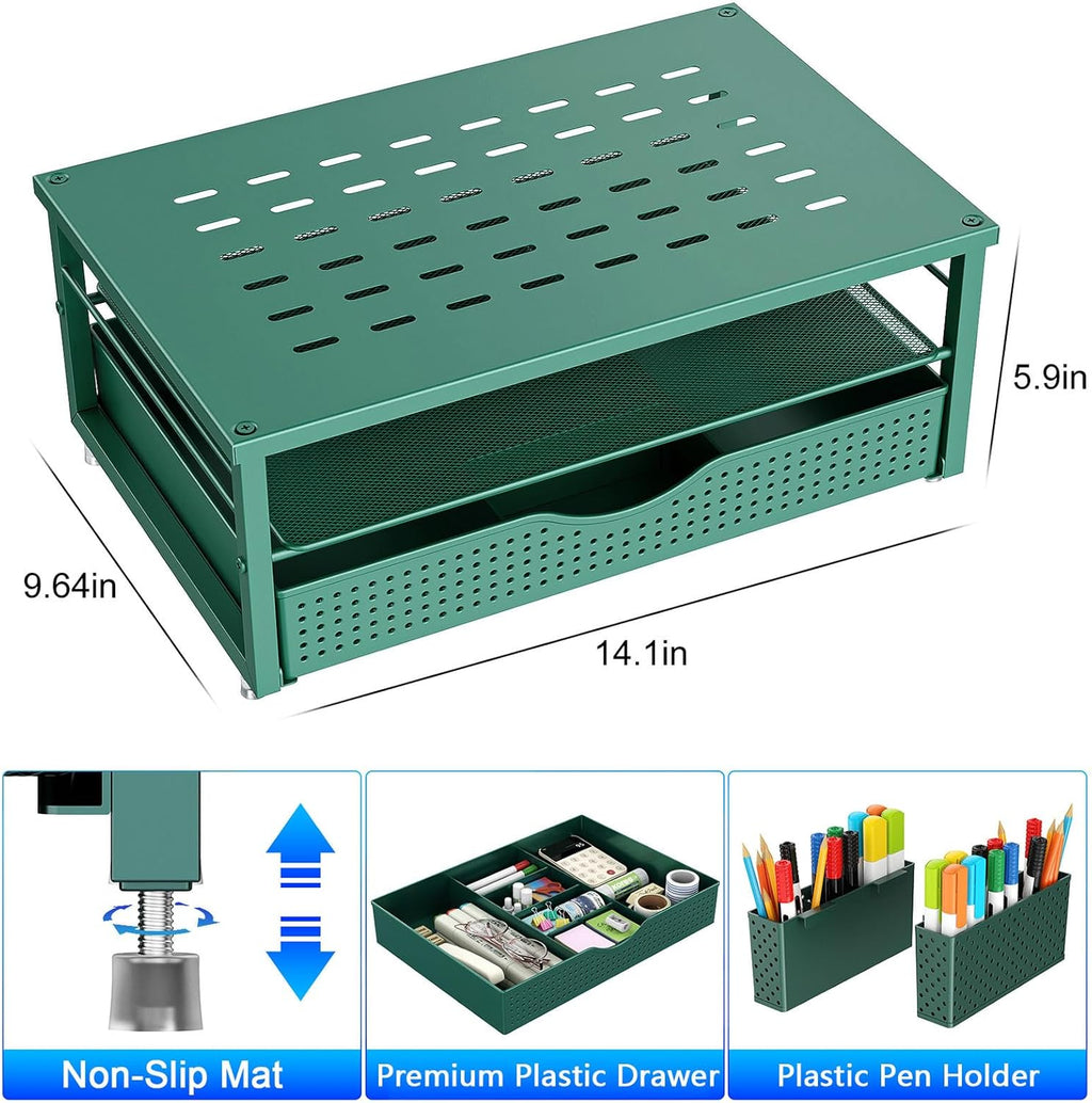 gianotter Desk Organizers and Accessories, Monitor Stand with Drawer and 2 Pen Holder, Desktop Organizer Suitable for Offices and Dormitories (Green)