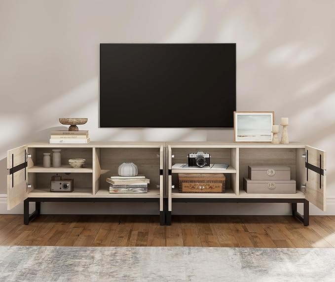 WAMPAT Modern TV Stand for TVs Up to 75 Inch, 2-in-1 Entertainment Center Media Console with Storage Cabinets, TV Console for Living Room, Light Oak