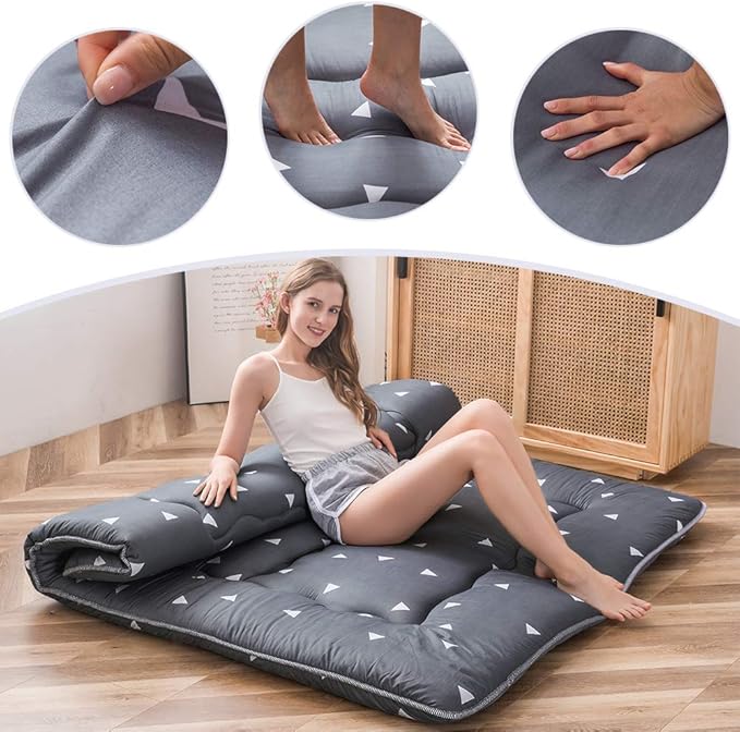 MAXYOYO Japanese Floor Mattress Futon Mattress, 4" Thicken Tatami Mat Sleeping Pad Foldable Roll Up Mat Boys Girls Dormitory Pad Kids Floor Lounger Pillow Bed, Charcoal Grey, Queen Size