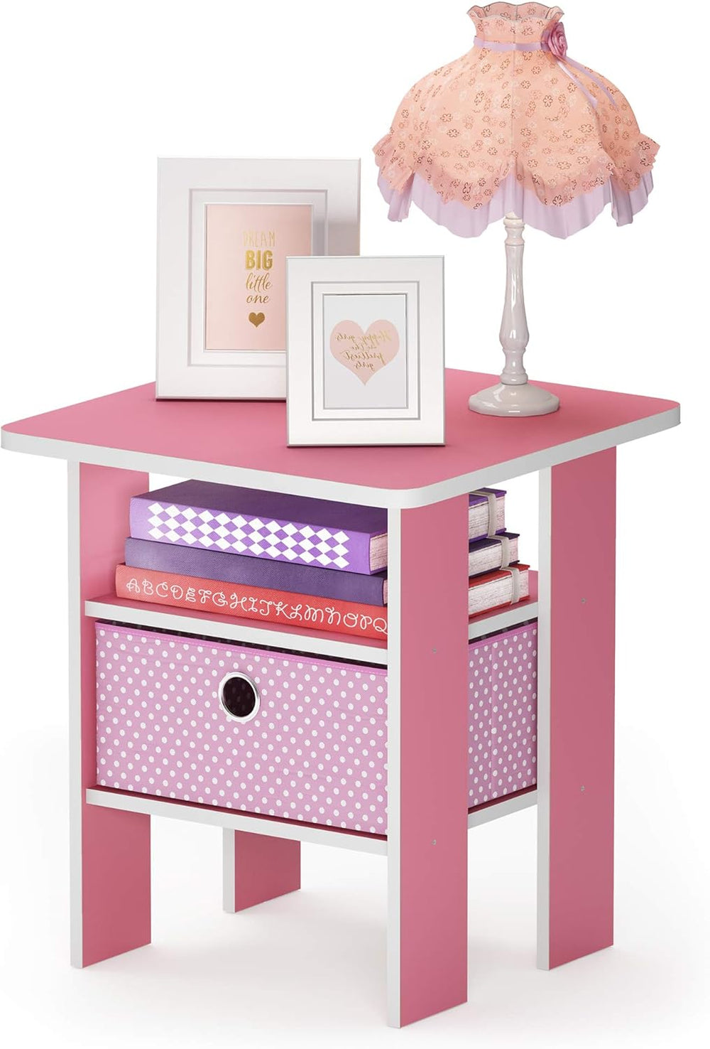 Furinno Andrey Side Table with Bin Drawer, Pink End Table with Open Shelves, ...