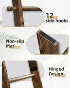 TEAKMAMA 6-Tier 5.4ft Blanket Ladder with Hanging Knobs Rustic Brown | Farmhouse Wall Leaning Solid Wood Scratch & Slip Proof Quilt Rack, Living Room Bedroom Bathroom, Xmas Deco, Easy Setup