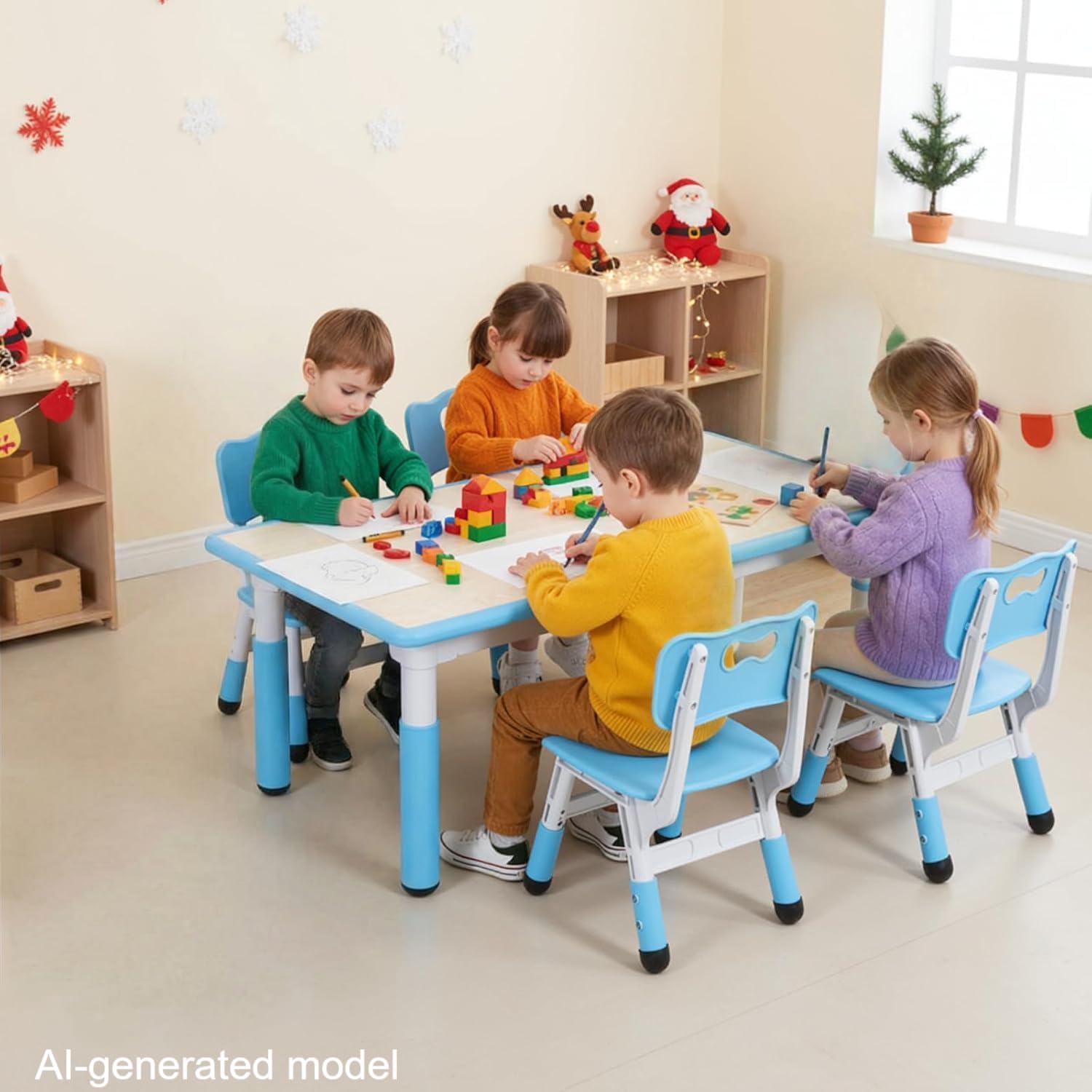 Arlopu Kids Table and 4 Chairs, Height Adjustable Toddler Desk & Chair Set, Anti-Slip Legs, Graffiti Desktop, Children Large Multi-Activity Table with 47.2" x 23.6", Classroom, Homes, Daycares (Blue)