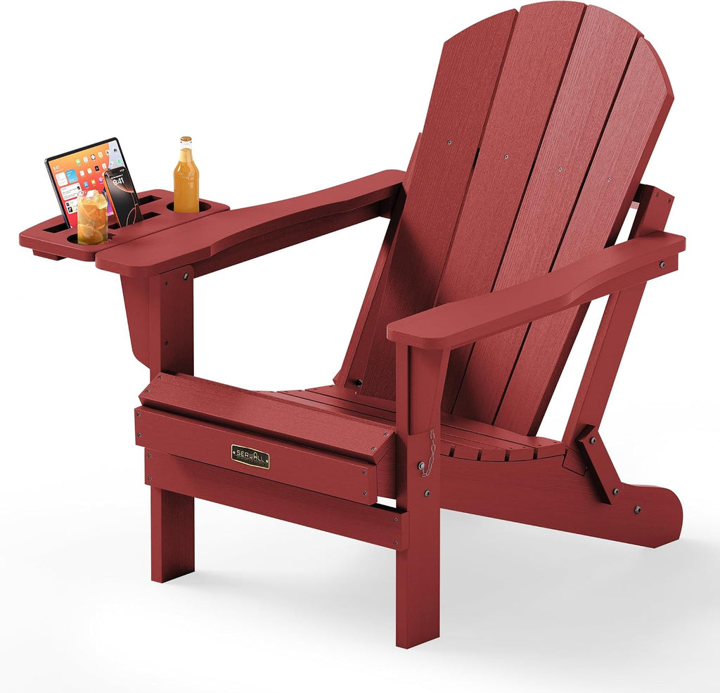 SERWALL Folding Adirondack Chair, 4 in 1 Cup Holder Wood Texture - Red | Outdoor Adirondack Chairs, Plastic Fire Pit Chair with Wood Texture, 4 in 1 Tray, Lawn Chair, Backyard Patio Seating