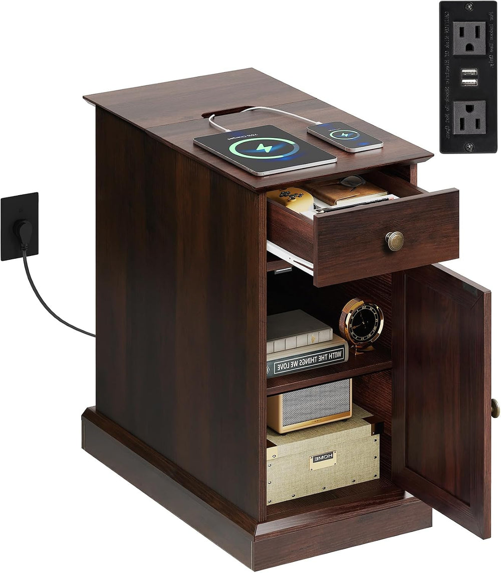 WLIVE End Table with Charging Station, Narrow Sied Table with Drawer & Ca...