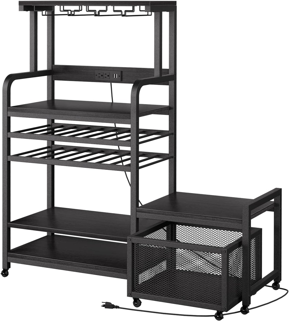 Mini Fridge Stand with Power Outlet, Microwave Stand with Wine Rack, Coffee b...