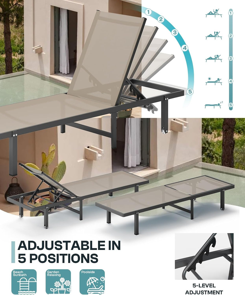 Lounge Chair Outdoor with Wheels, Aluminum Chaise Lounge Outdoor Chair with 5...