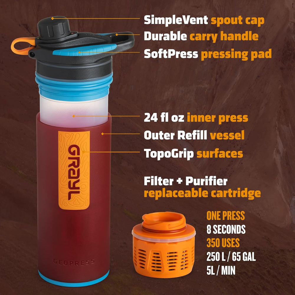 GRAYL GeoPress 24 oz Water Purifier & Water Filter Bottle, Wanderer Red