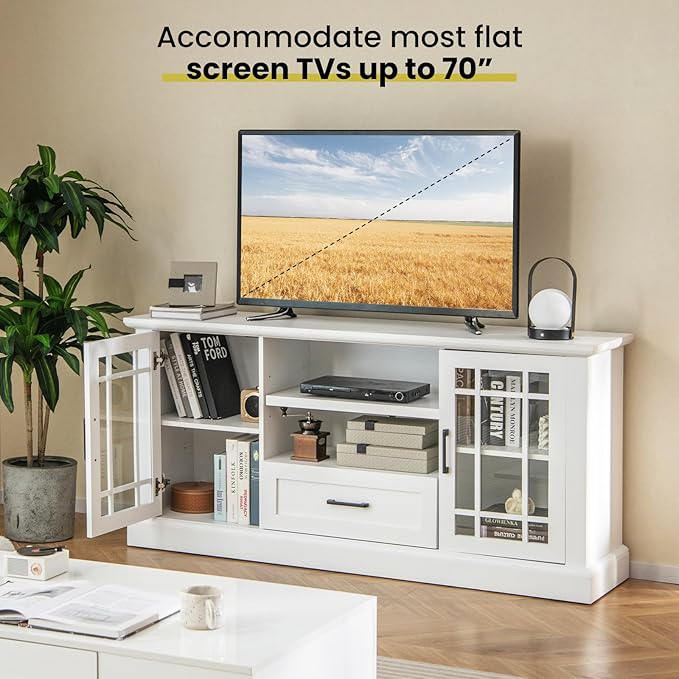 Tangkula Farmhouse TV Stand for TV up to 65 70 Inches, Tall Media Console Table with 2 Glass Storage Cabinets, 1 Drawer & 2 Open Shelves, Wooden Entertainment Center for Living Room (White)