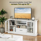 Tangkula Farmhouse TV Stand for TV up to 65 70 Inches, Tall Media Console Table with 2 Glass Storage Cabinets, 1 Drawer & 2 Open Shelves, Wooden Entertainment Center for Living Room (White)