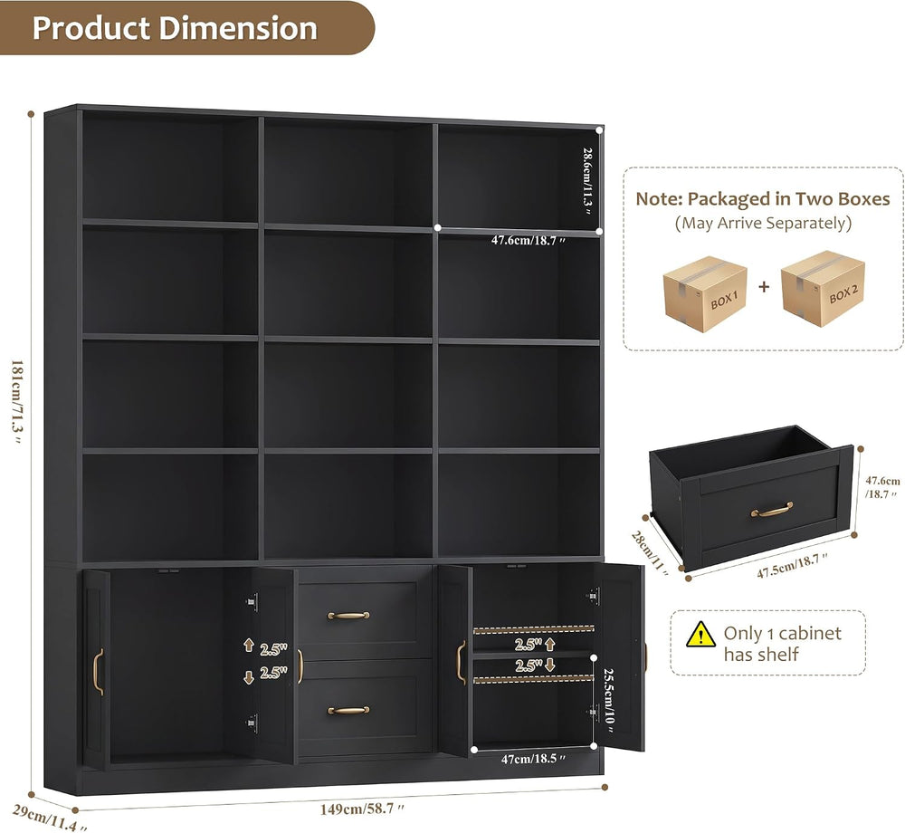 HOSTACK 71" Tall Triple Wide Bookshelf with Storage Drawers & Doors,...