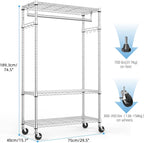 Heavy Duty Rolling Garment Rack 3 Tiers Adjustable Wire Shelving Clothes Rack with Rods and Side Hooks,Storage Closet Clothing Rack with Wheels Chrome 15.7" D x 29.5" W x 74.5" H