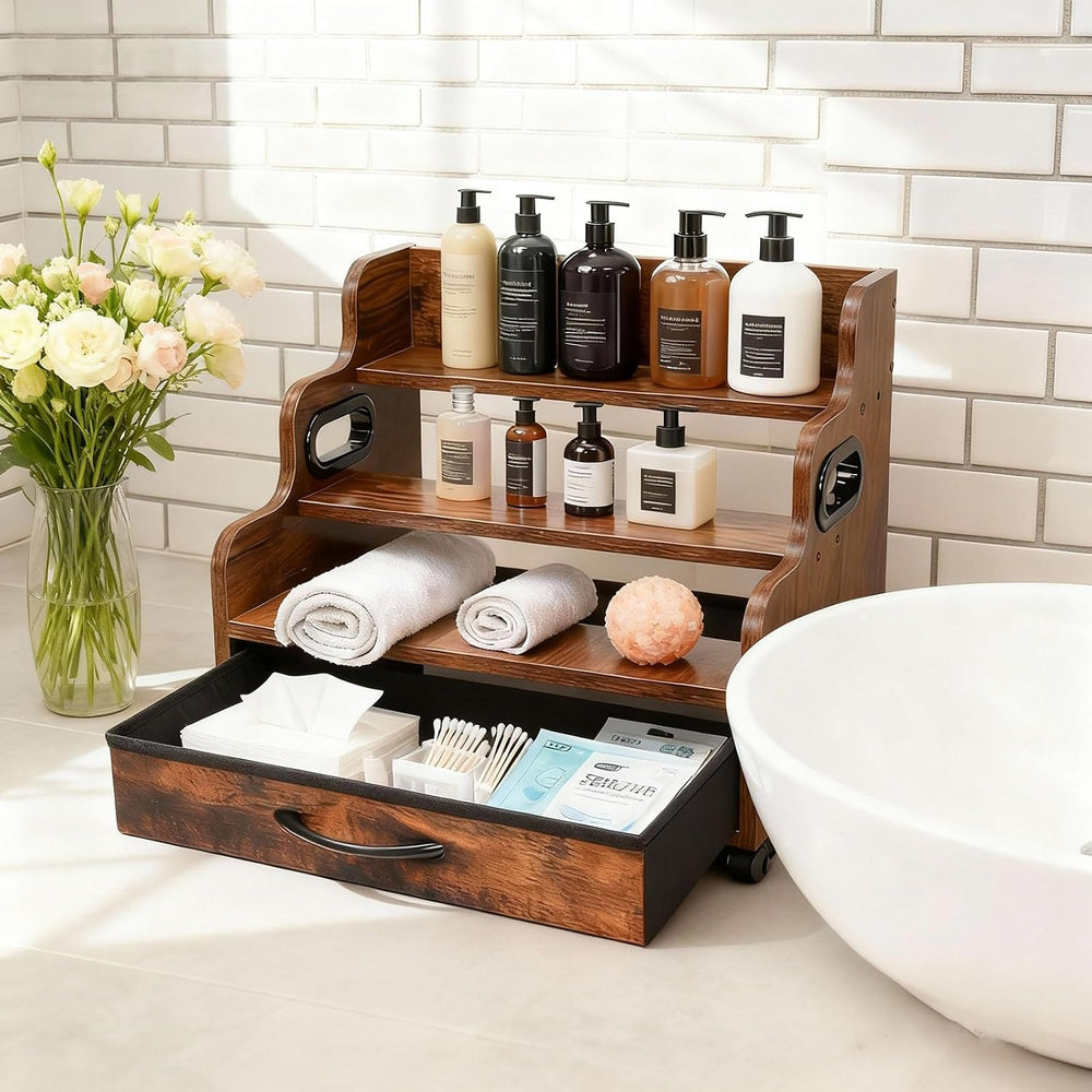 Liquor Bottle Display Shelf 3 Floors with Drawers | Countertop Wine Rack, Acc...