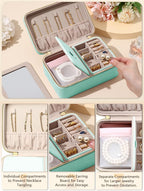 Velvet Travel Jewelry Box with Large Mirror, Double-Layer Jewelry Organizer Case for Women and Girls, Portable Storage Case with 6 Anti-Tarnish Bags Gift Ready for Her (Mint Green)