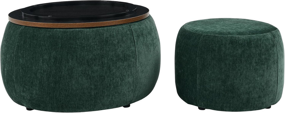 2Pcs Round Storage Ottoman, 2 in 1 Function, Work as End Table and Ottoman，Ch...