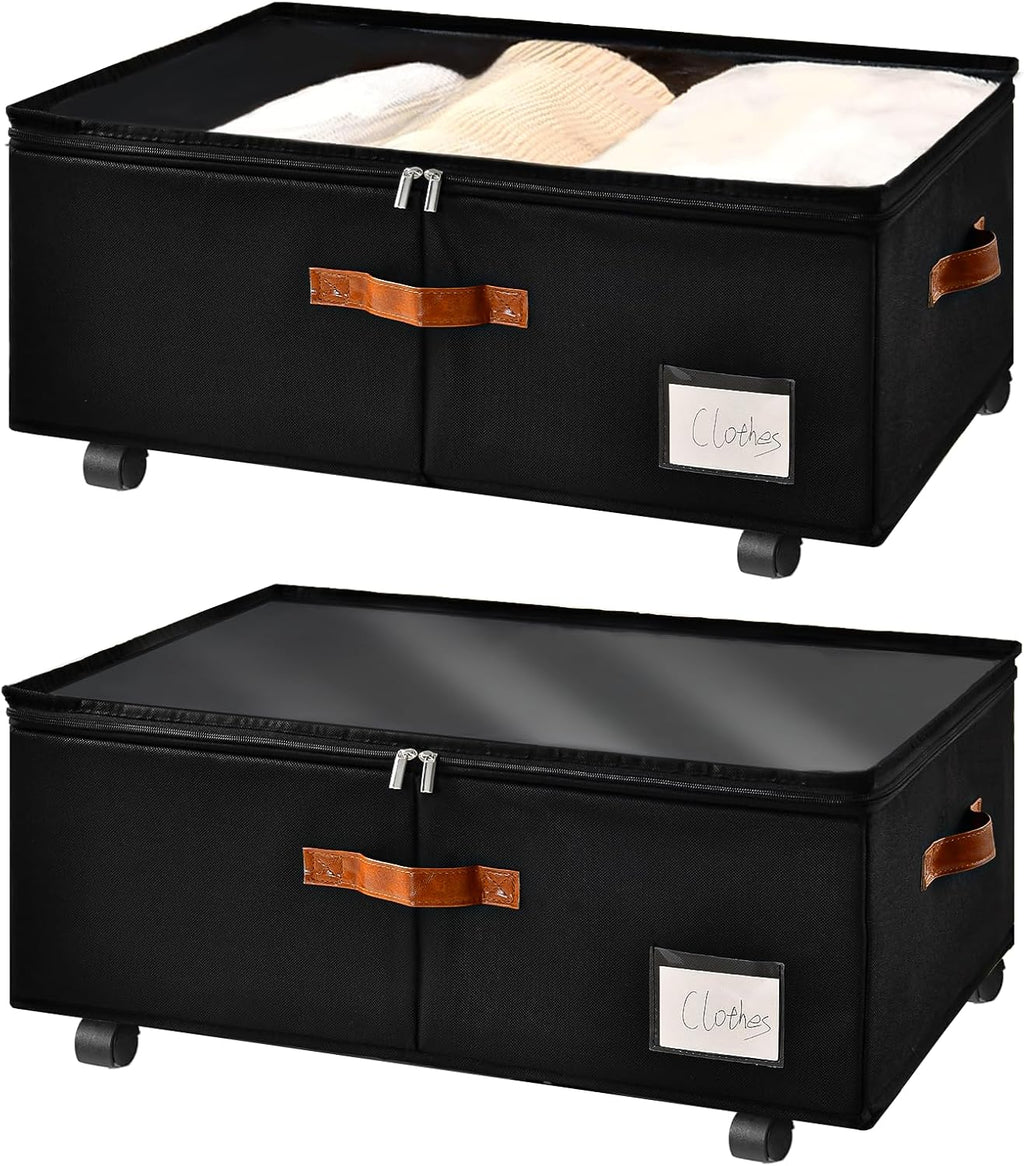 Freebat Under Bed Storage with Wheels 2 Pack, Underbed Container | 10 inch Height Under Bed Drawers with Clear Lid Cover, Storage Bag Box with Visiable Window for Clothes, Bedsheet, Pillow