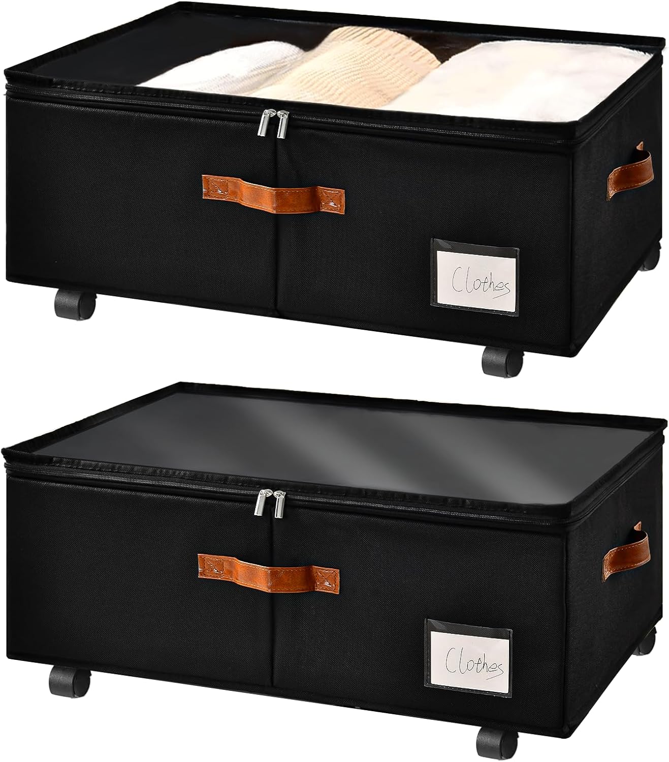 Freebat Under Bed Storage with Wheels 2 Pack, Underbed Container | 10 inch Height Under Bed Drawers with Clear Lid Cover, Storage Bag Box with Visiable Window for Clothes, Bedsheet, Pillow