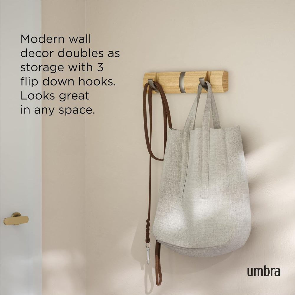 Umbra Flip Coat Rack, Wall Mount Retractable Hooks, 3-Hook, Natural/Nickel