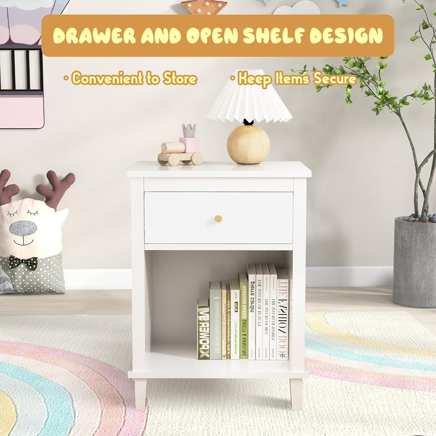 Kids' Nightstands with One Drawer, Toddler Night Stand for Bedroom Living Room, Nightstand for Kids Room Functional Girl End Table Storage Night Stand for Girls Bedroom, Easy Assembly(White)