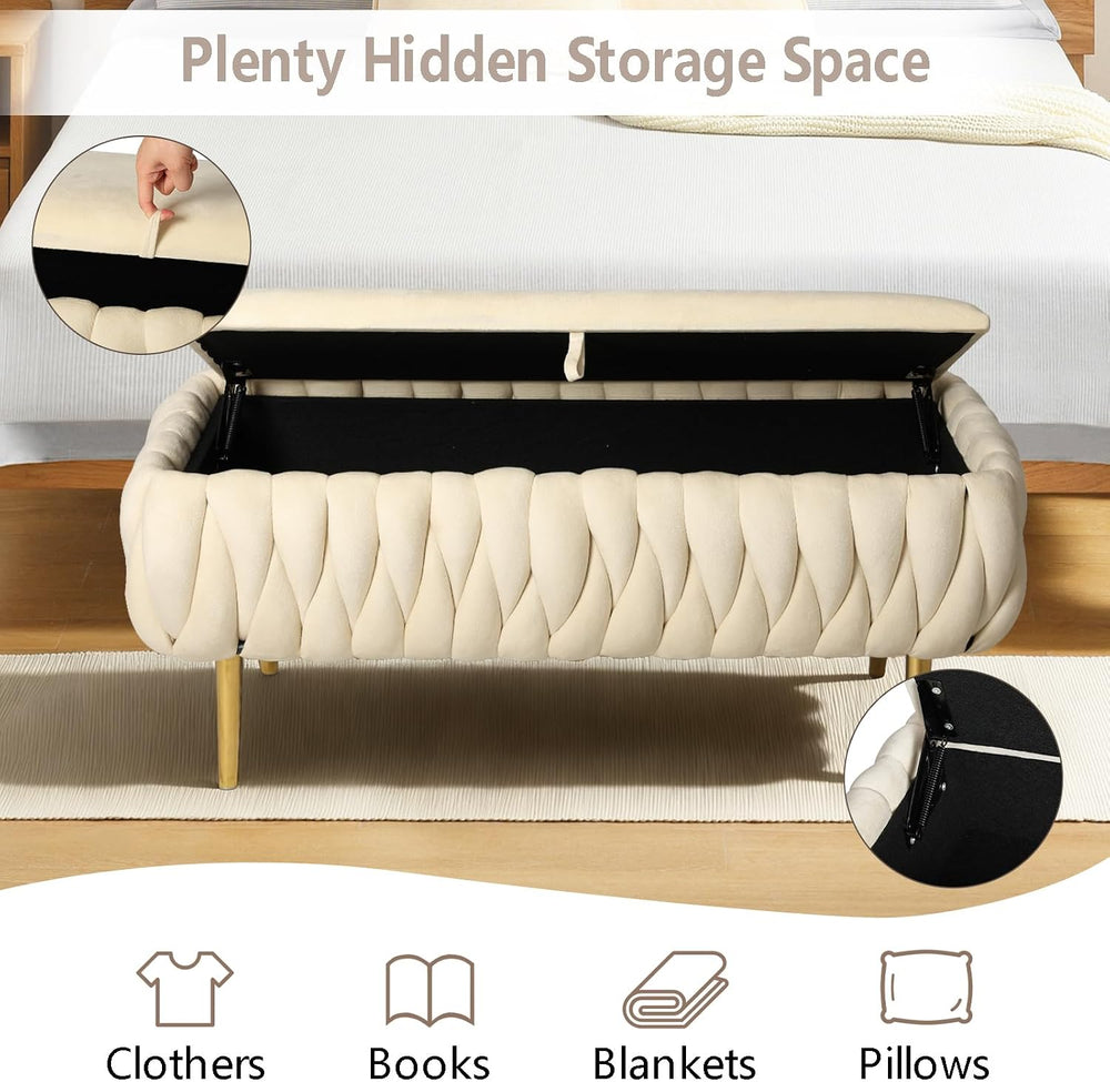 End of Bed Bedroom Storage Bench Upholstered, Hand-Woven Storage Ottoman Benc...