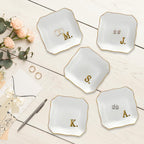 Bridal Shower Gifts for Women - 4"x4" Jewelry Dish Tray Letter M | Wedding Gifts, Engagement Gift, Initials Ceramic Personalized Ring for Women, Dish Gold Trim Design, Desk Vanity Decor