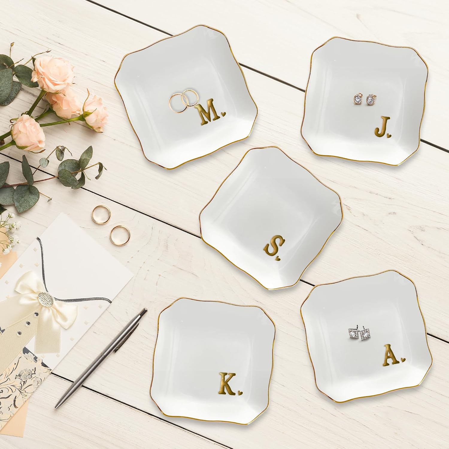 Bridal Shower Gifts for Women - 4"x4" Jewelry Dish Tray Letter M | Wedding Gifts, Engagement Gift, Initials Ceramic Personalized Ring for Women, Dish Gold Trim Design, Desk Vanity Decor