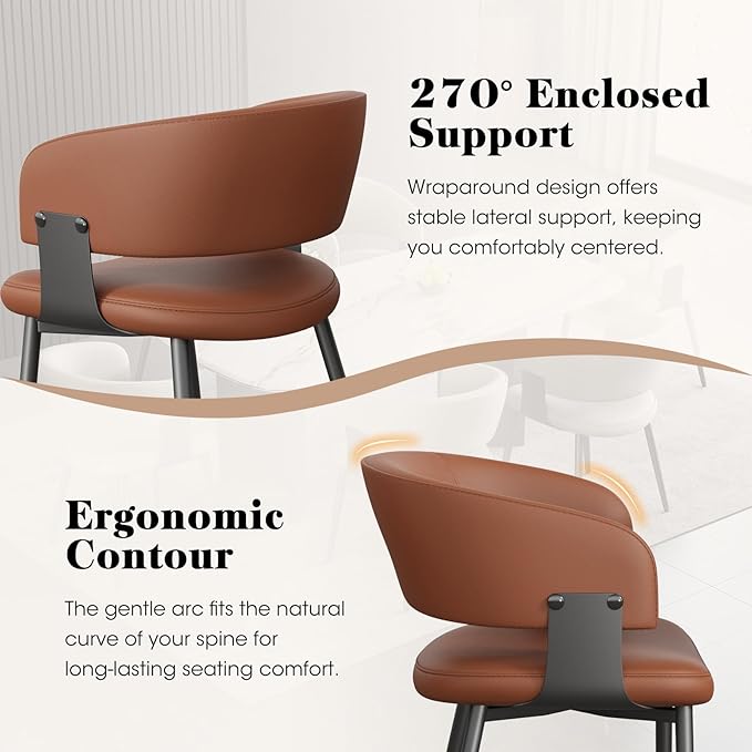 Modern Dining Chairs Set of 6, Faux Leather Upholstered Kitchen Chairs with Curved Back and Metal Legs, Mid Century Chairs for Dining Room, Kitchen, or Café (Brown)