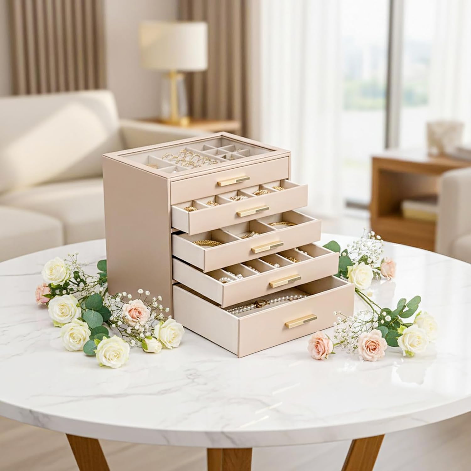 VLANDO 5-Drawer Jewelry Box with Glass Lid, Faux Leather Organizer for Rings Earrings Necklaces and More, Gift-Ready Jewelry Case for Women Girls or Moms, Latte