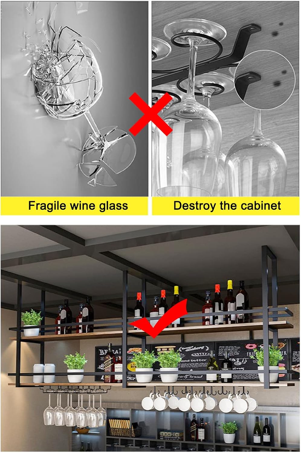 Ceiling Wine Glass Rack - 47.2in Hanging Wine Rack with Glass Holder and Shelf, 2 Layer Industrial Hanging Wine Bottle Holder, Black Metal Ceiling Shelf for Bar Cafe Kitchen (Black, 47.2×11.8×31.4in)