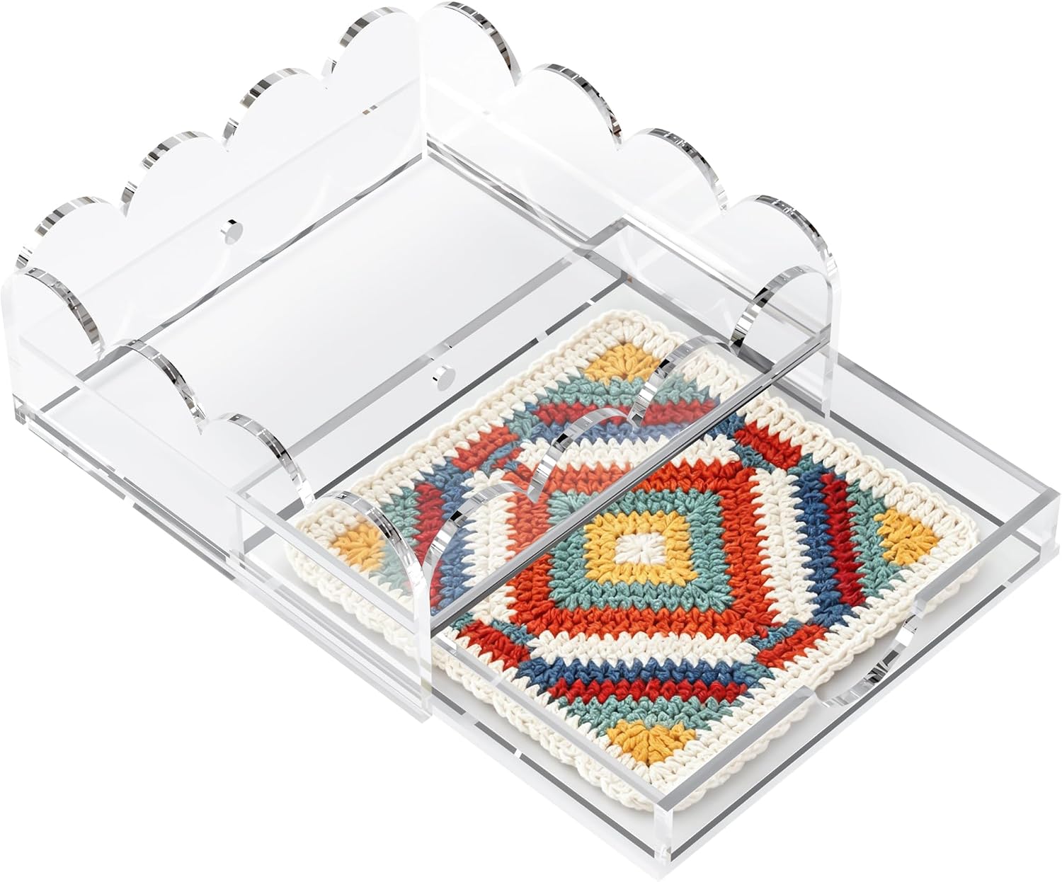 Scalloped Acrylic Tray, 5 x 5 Inch Clear Acrylic Tray with Drawer for Insert Needlepoint Photos, Organizer Tray for Vanity Perfume Jewelry Storage, Small Acrylic Decorative Tray for Home Decor Gift