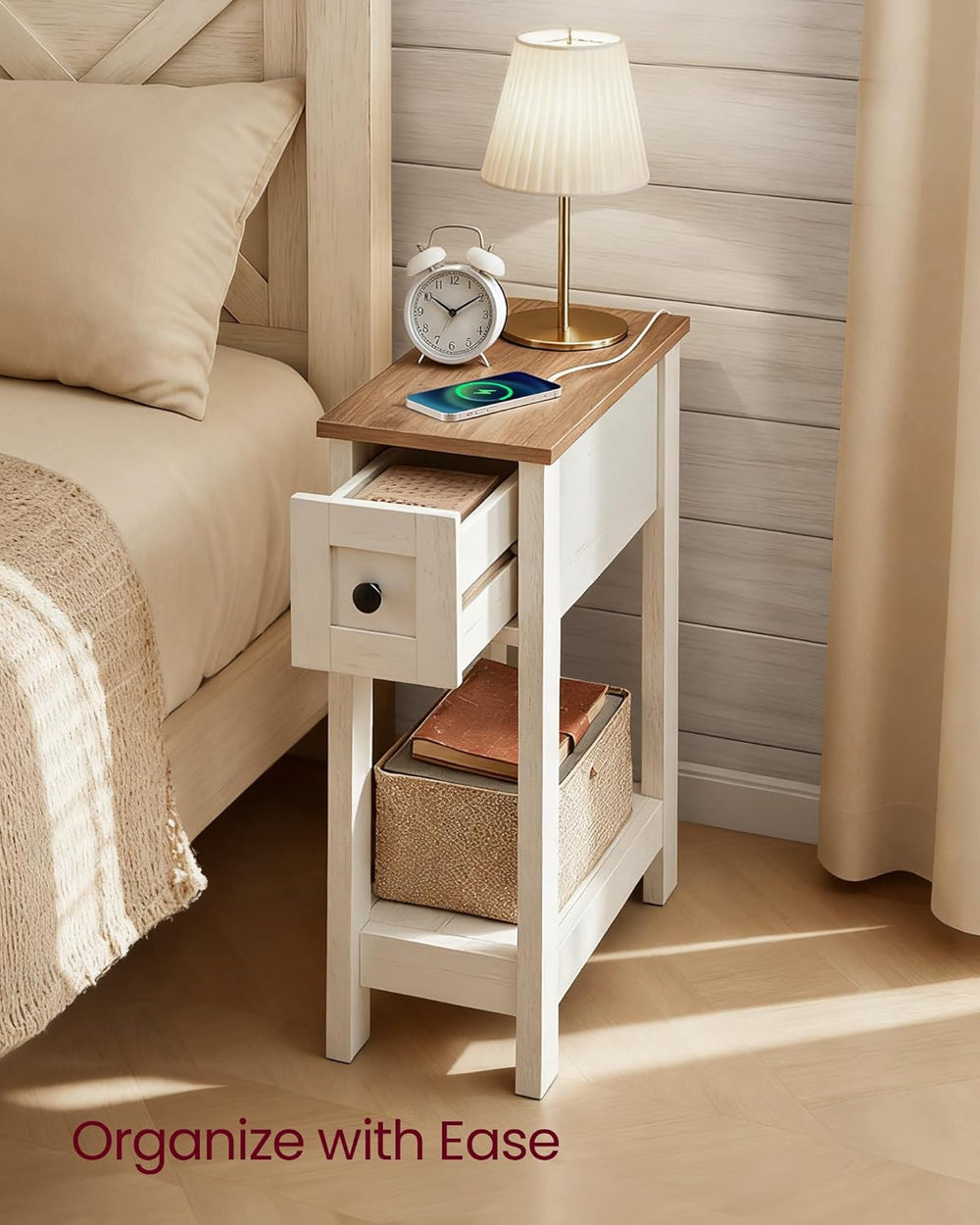 VASAGLE Farmhouse End Table with Storage Drawer, Narrow Side Table with Charg...