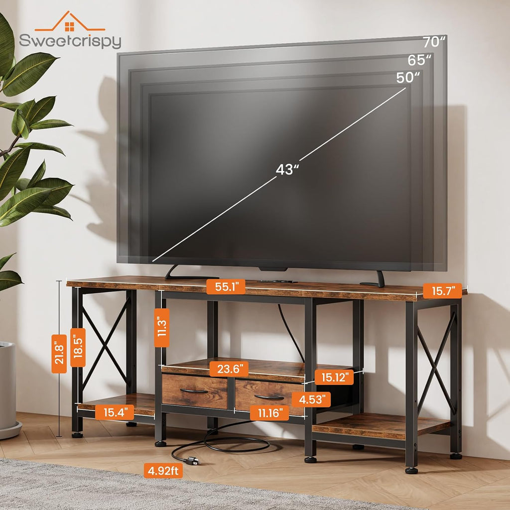 Sweetcrispy 55" TV Stand with Fabric Drawers for 55 60 65 Inches TV | TV Console Entertainment Center with Open Shelves & Sturdy Metal Frame & Charging Station for Living Room, Bedroom, Brown